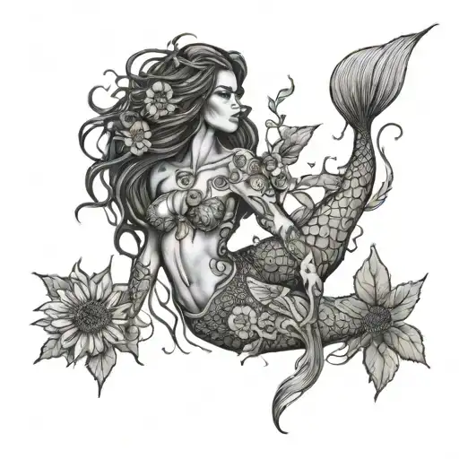 Black Mermaid With Sunflowers Long Greens Stems Tied Together