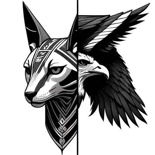 A Split Face Tatto With Anubis In Jackal Form On One Side And Horus In Hawk Form On The Other