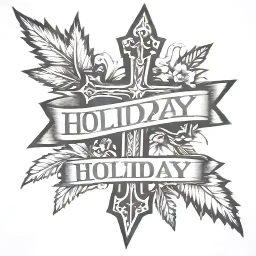 A Shoulder Tattoo That Includes A Cross In The Background With The Name Holiday Across The Front