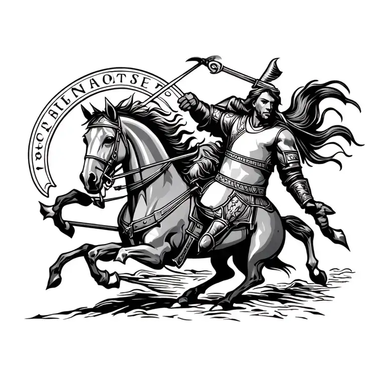 A Woodcut Jousting Tattoo That Goes Across The Collarbone