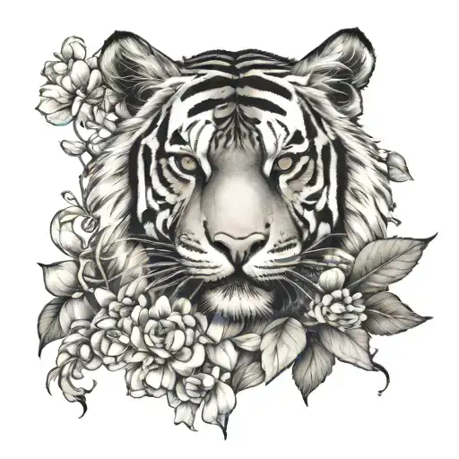 Tiger And Flowers Intertwined