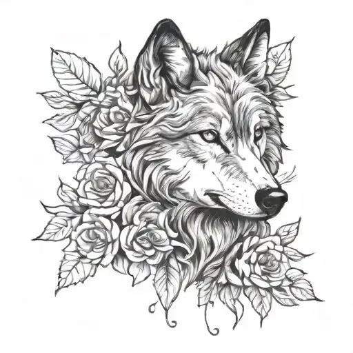 Wolf Head And Flowers Surrounding