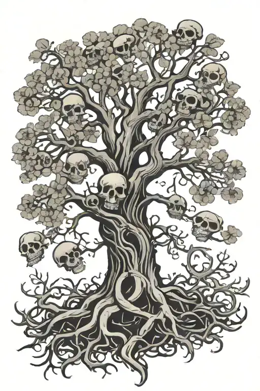 Tree Of Life Tree With Skulls In Roots Reaching Deep