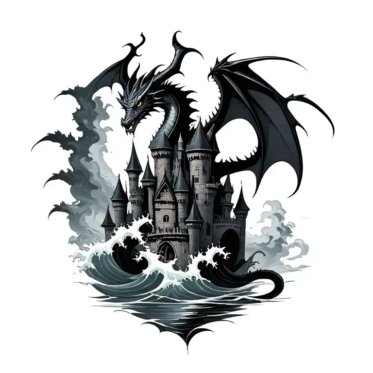 Maleficent Dragon Wrapped Around The Castle With Blasting Waves