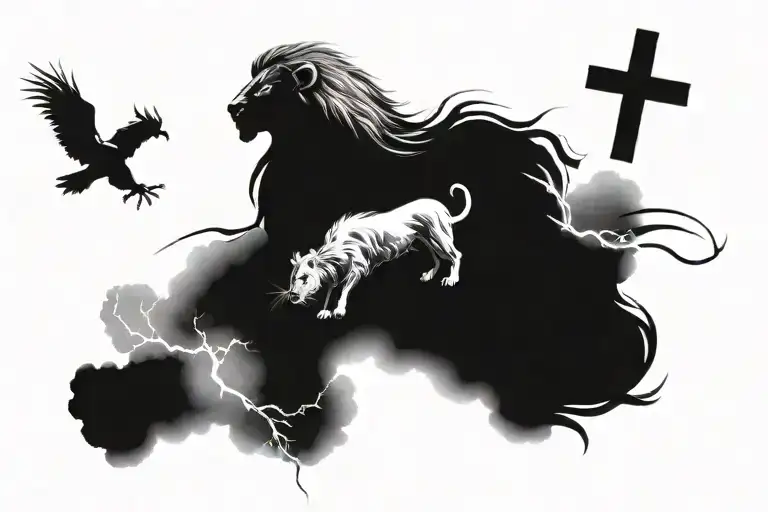 Lion And The Lamb With Crosses And Clouds With Lightning