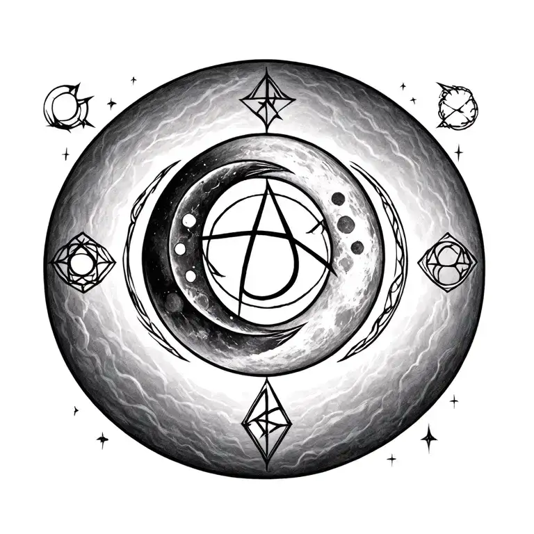 The Wicca Two Crecent Moon Symbol With All 5 Element's Below It