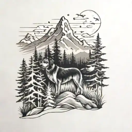 Mountains And Trees With Dog