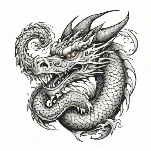 Dragon Holding Pearl Face Forward Fine Line