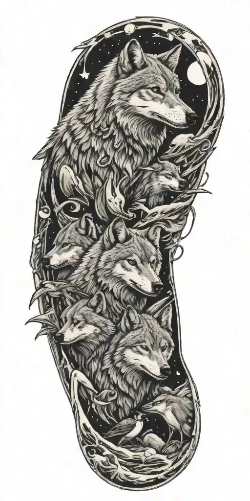 Artic Wolves And Penguins Floating