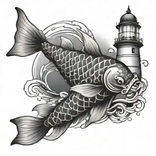 Koi Fish Swimming With A Lighthouse Shining