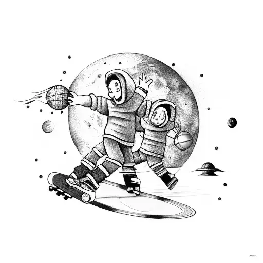 Two Kids With Basketball And Skateboard On The Moon