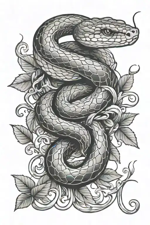Snake With Vines Coming Out Of It In Line Shading Style
