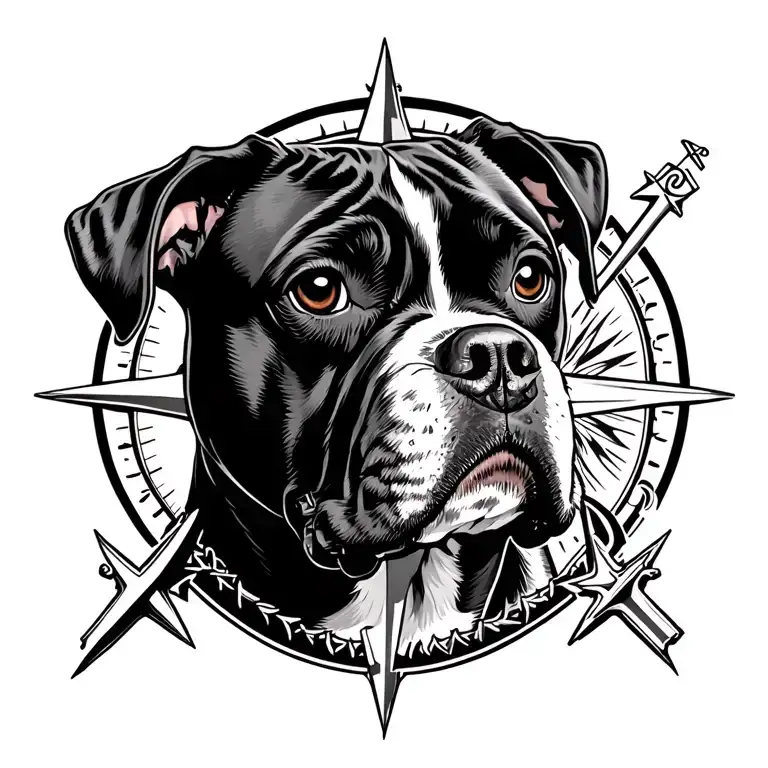 Boxer Dog With Compass And Cross Surrounded