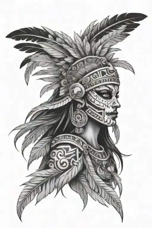 Aztec Warrior Girl Day Of Dead Tattoo Idea Pattern Feathers
