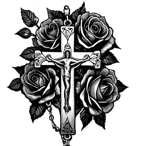 Rosary With Big Cross And Roses In The Background