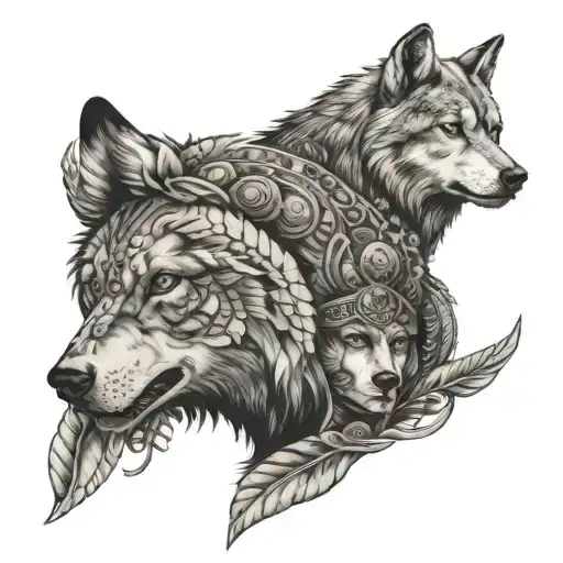 Indian With Wolf And Bear