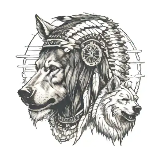 Native American Chief With Wolf And Bear