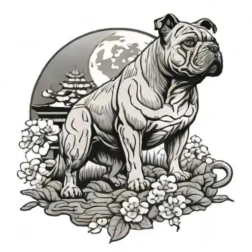 American Bully Standing In Stone With A Background Of Sakura Tree Japanese Temple And Moon