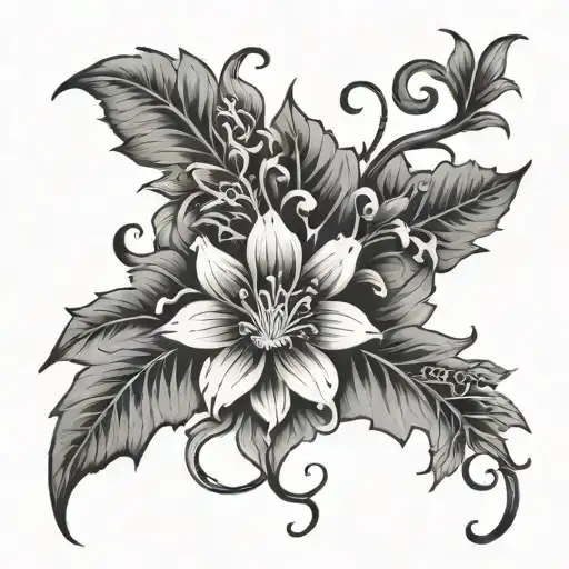 A Thin And Long Vine Of 4 Flowers In A Line Drawing