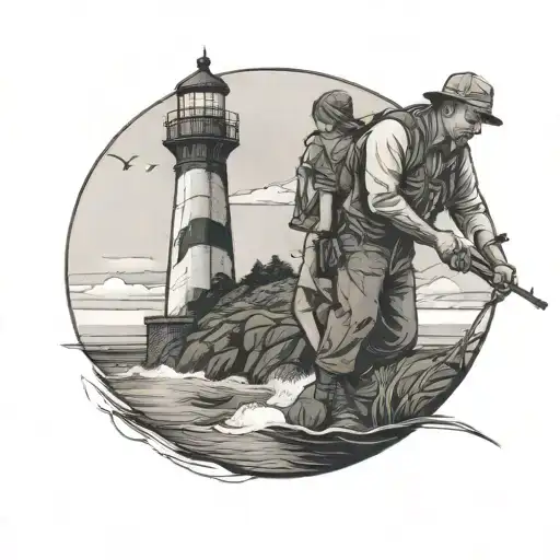 Father And Daughter Fishing Near A Lighthouse One Side