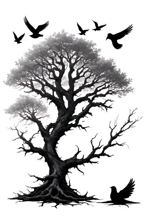 Leafless Poison Tree With Long Roots With Doves And Shading