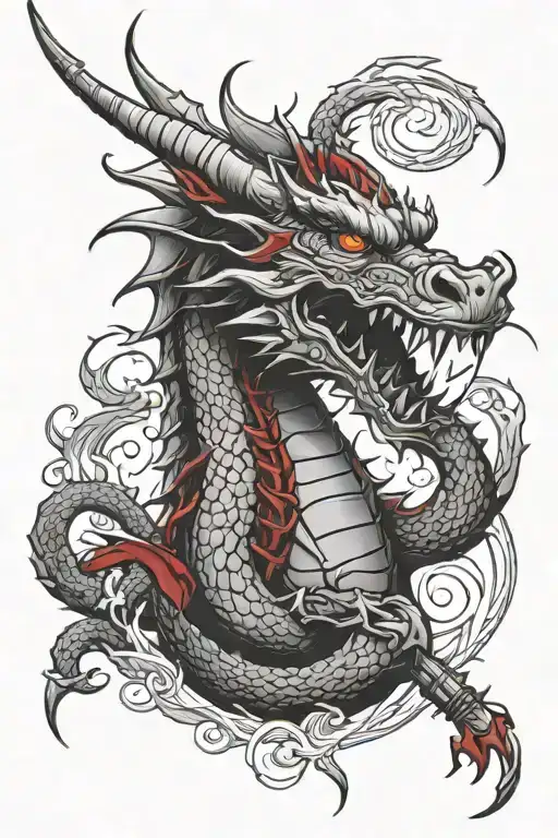 Dragon With Sword In Mouth And Red Lightning Around The Dragon