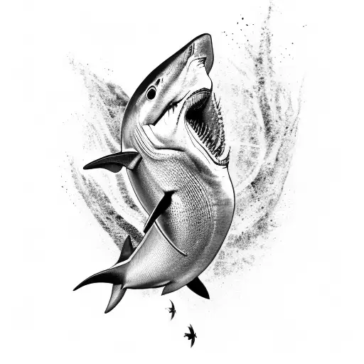 A Black And Grey Realistic Shark With Intricate Tribal Patterns