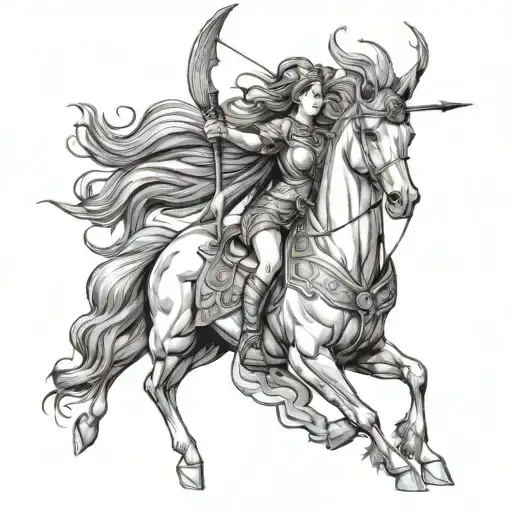 Athena Holding A Bow And Arrow On A Long Maned Stallion