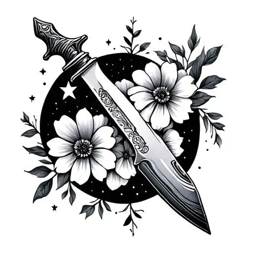 A Knife With Flowers And Moon And Stars
