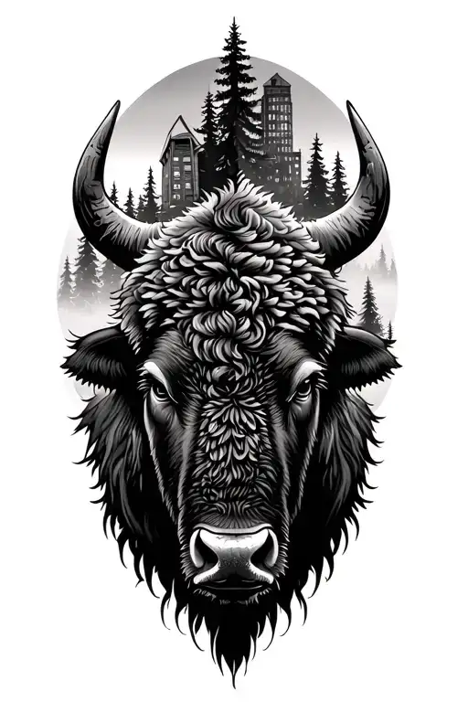 Bison Head Surrounded By Buildings On One Half And Tall Pine Trees On The Other Half