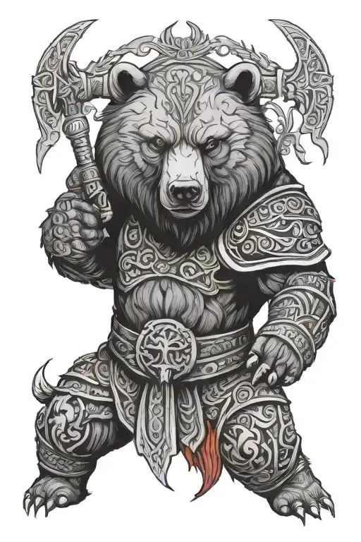 Slavic Black And Red Mythology With Bear And Warrior