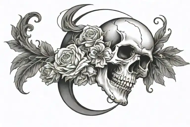 Skull Moon Flowers Intertwined