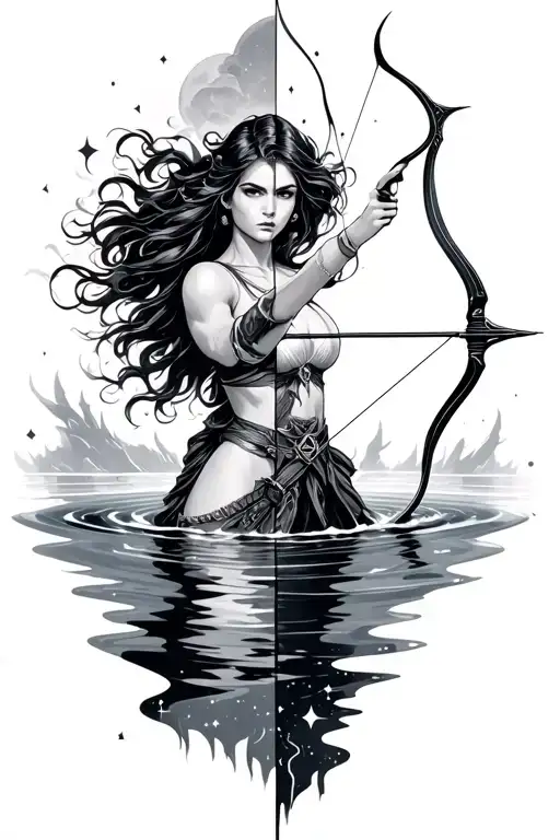Female Archer Shooting Star Pices Half In Water
