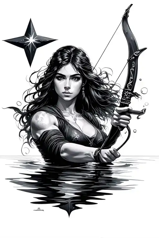 Female Archer Shooting Star Pices Half In Water