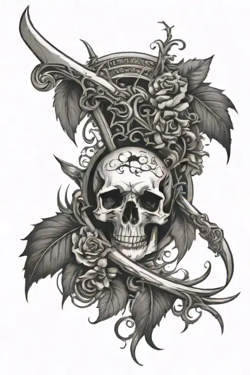 Scythe With Scull And Thorn Vine