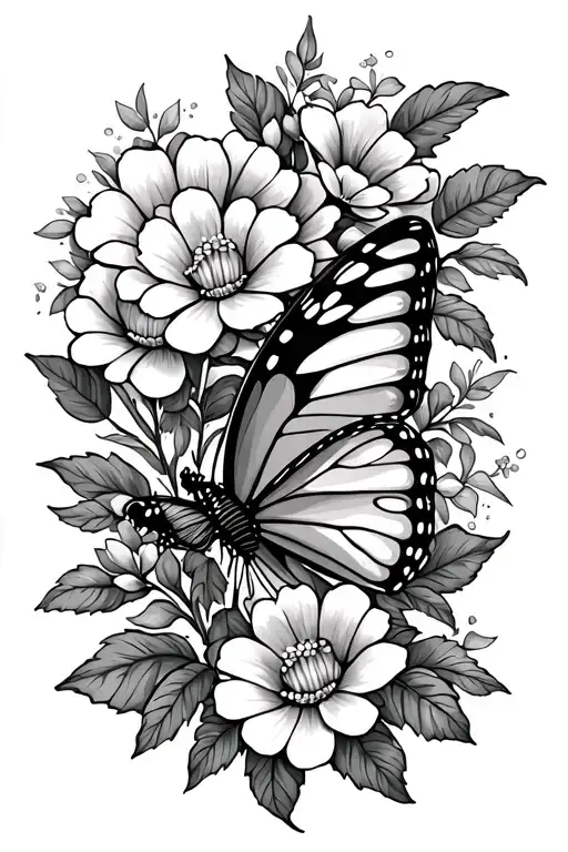 Butterfly With Flowers And Leaves
