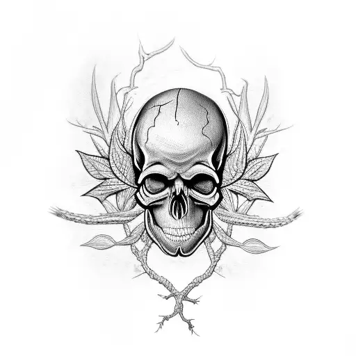 A Detailed Skull With Intricate Plant Roots Extending From Its Eye Sockets