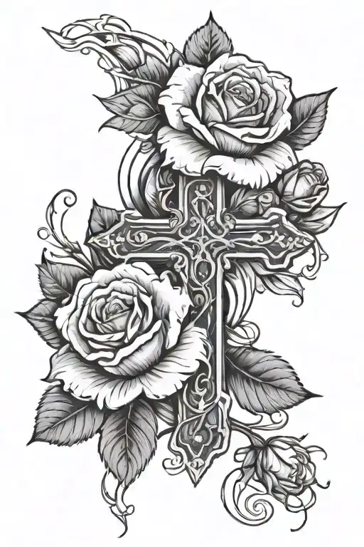 A Cross With 3 Large Roses In The Background Black And White