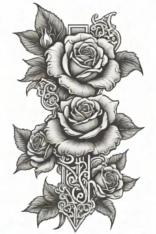 A Cross Outlined Inside Of With 3 Large Roses In Black And White