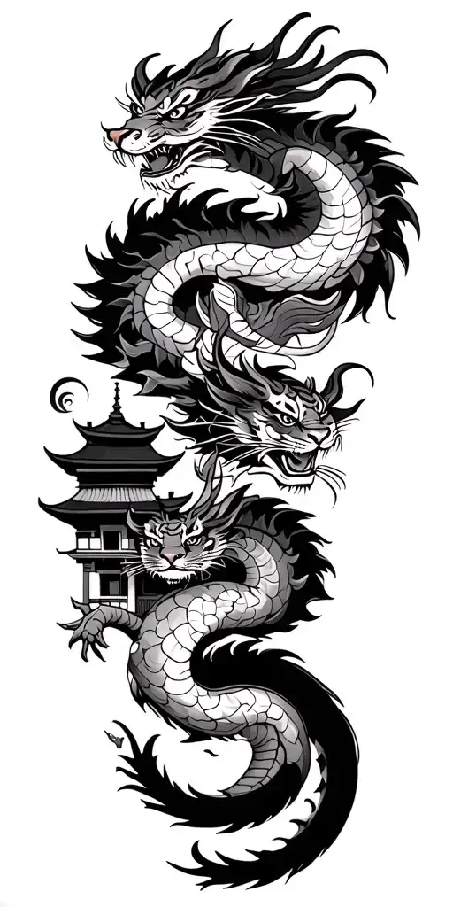 Traditional Japanes With Dragons And Tigers And Buildings