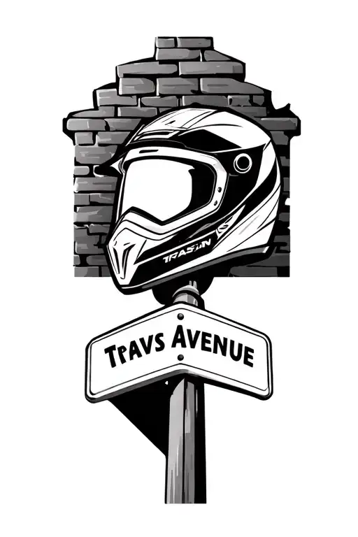 Street Sign Saying Travs Avenue With Brick Behind It And A Motocross Helmet