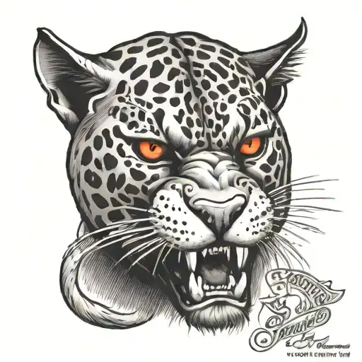 Panther Growling With Red Eyes With The Word Sacrifice In Its Mouth Or Above Its Head