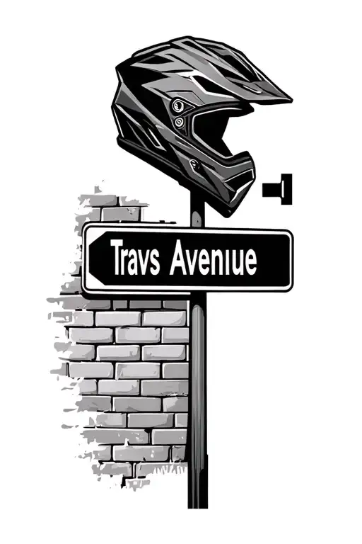 Street Sign Saying Travs Avenue With Brick Behind It And A Motocross Helmet