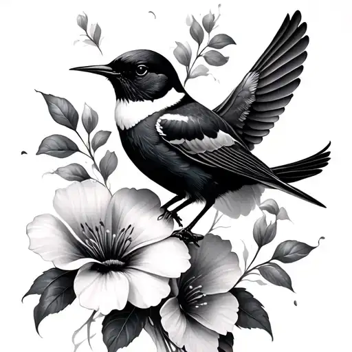 Flowers And Hummongbird Black And White Realism Style