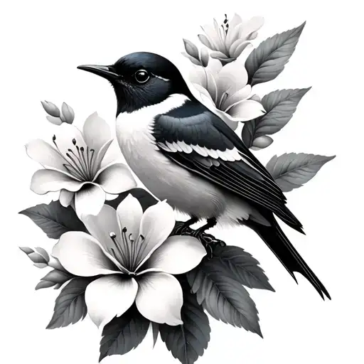 Flowers And Hummongbird Black And White Realism Style