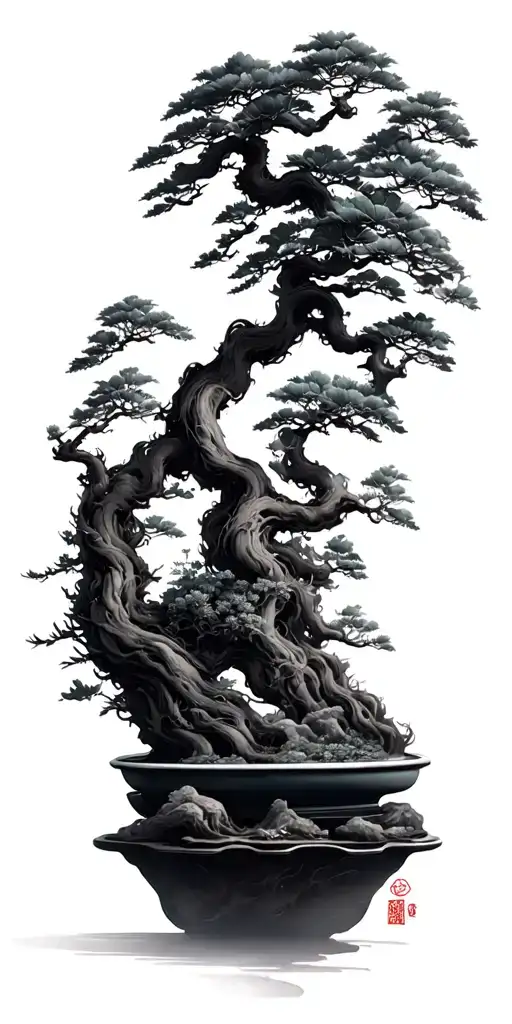 Japanese Bonsai With Elements Intertwined