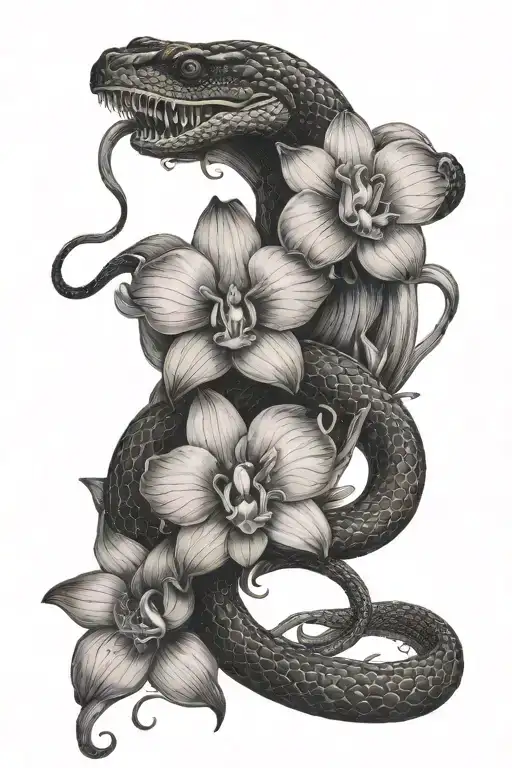 Left Hand Forearm Tattoo With A Black Mamba Snake The Moon Orchid Flowers In A Dark Feminine