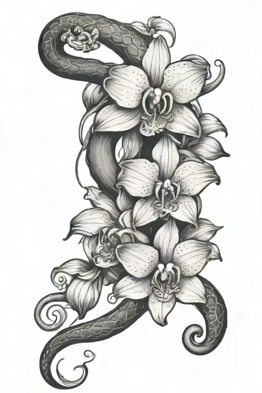 Left Hand Forearm Tattoo With A Black Mamba Snake The Moon Orchid Flowers In A Dark Feminine