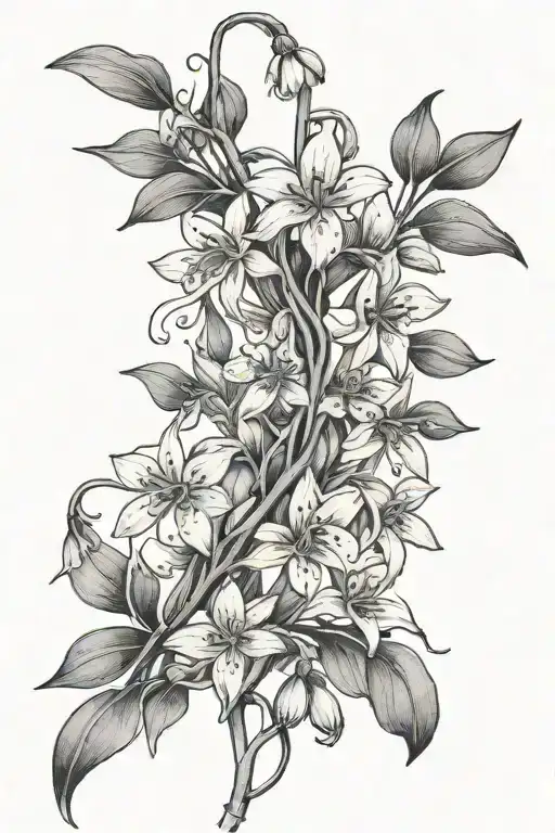 Long Thin Singular Vertical Vine With Tiny Snowdrops Growing From It