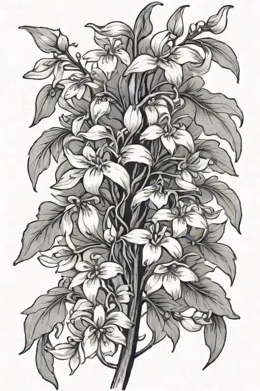 Long And Very Thin Singular Vertical Vine With Tiny Snowdrops Growing From It